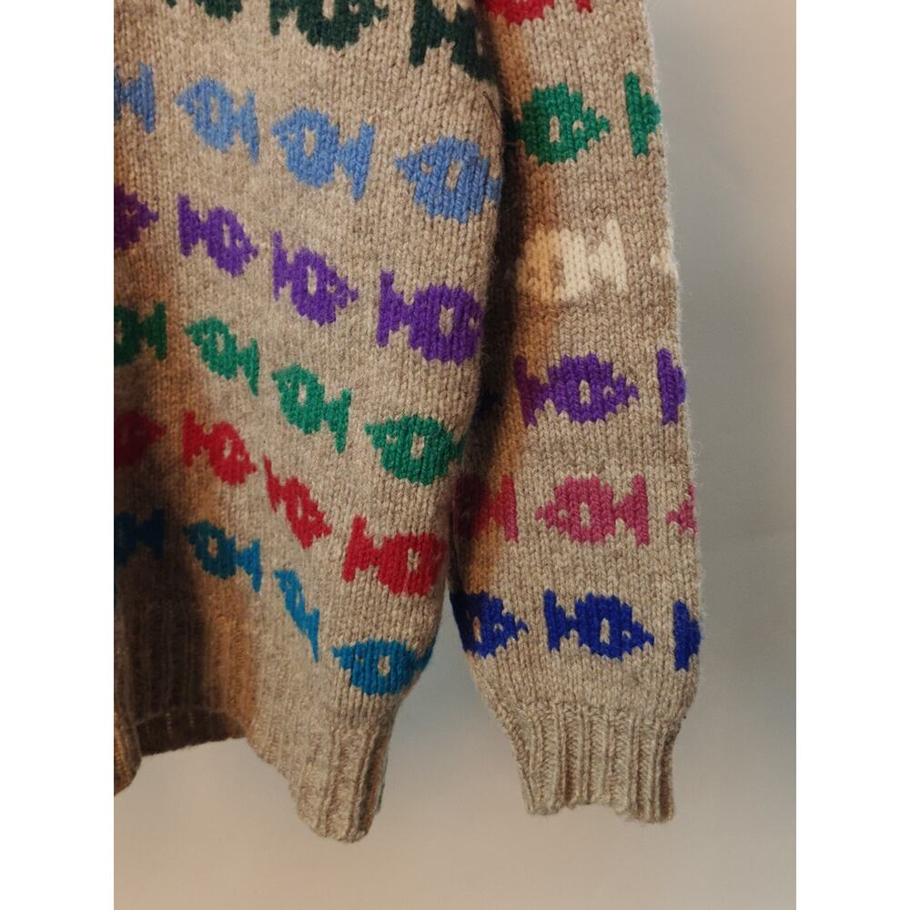 Vintage Ewenique Wool Tan Fish Print Crew Neck Thick Chunky Pullover Sweater - Picture 3 of 10